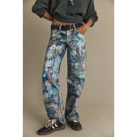 Free People Denim - Free People Tennessee Low Rise Illusion Jeans Womens 27 Hand Painted 90s Retro